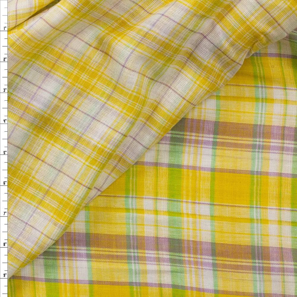 Yellow, Purple, and Lime Plaid Reversible Double Gauze Fabric By The Yard
