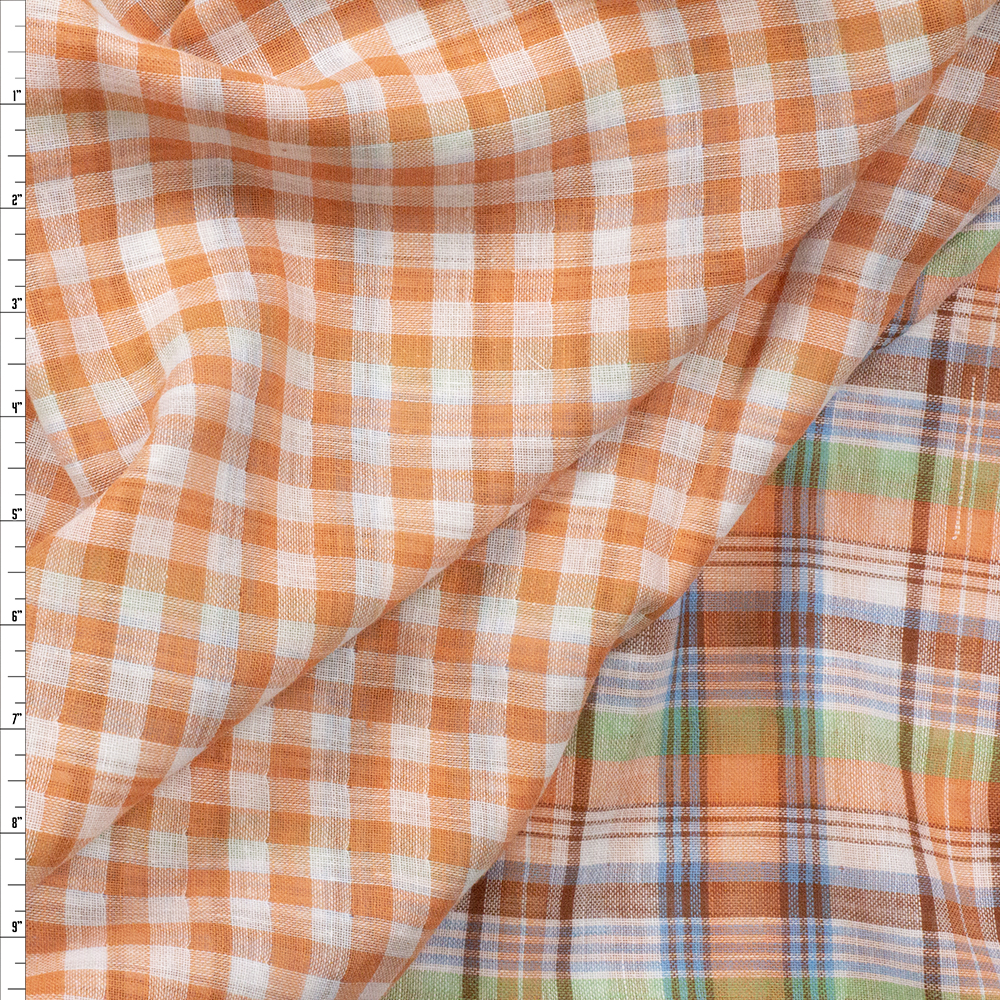 Orange, Lime, and Turquoise Plaid Reversible Double Gauze Fabric By The Yard
