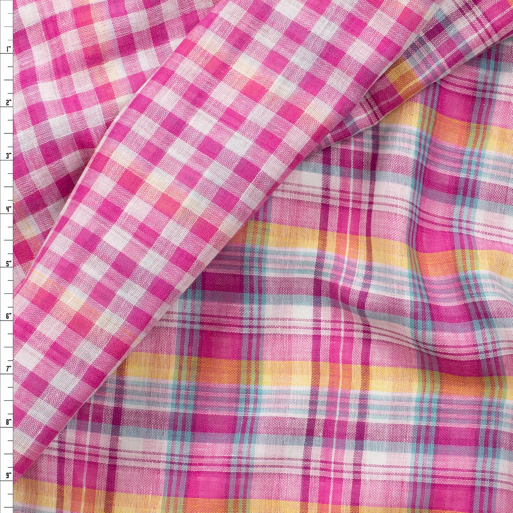 Hot Pink, Yellow, and Turquoise Plaid Reversible Double Gauze Fabric By The Yard
