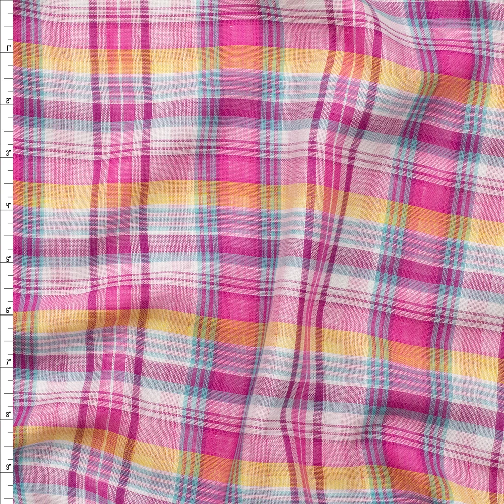 Hot Pink, Yellow, and Turquoise Plaid Reversible Double Gauze Fabric By The Yard - Wide shot