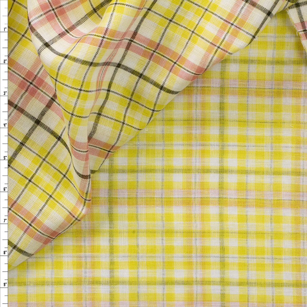 Sunshine Yellow, Coral, and Black Plaid Reversible Double Gauze Fabric By The Yard