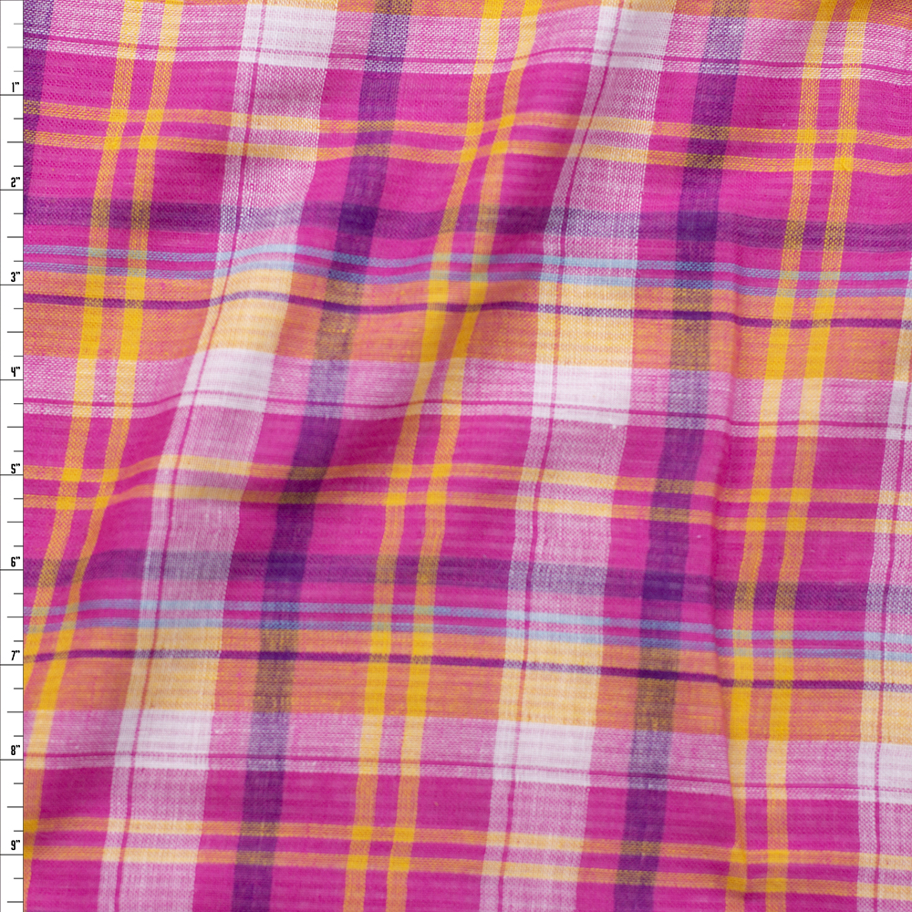 Hot Pink, Orange, and Navy Plaid Reversible Double Gauze #25960 Fabric By The Yard - Wide shot