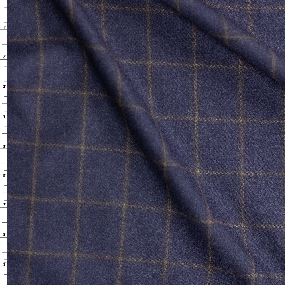 Brown on Navy Windowpane Plaid Fine Italian Brushed Wool Suiting Fabric By The Yard