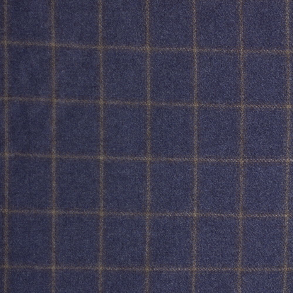 Brown on Navy Windowpane Plaid Fine Italian Brushed Wool Suiting Fabric By The Yard - Wide shot
