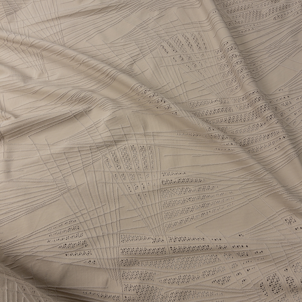 Light Tan Textured Geometric Lines Mesh Border Midweight Designer Spandex Fabric By The Yard - Wide shot