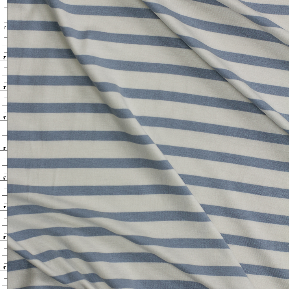Sky Blue and Offwhite Pencil Stripe Stretch Modal Jersey Fabric By The Yard