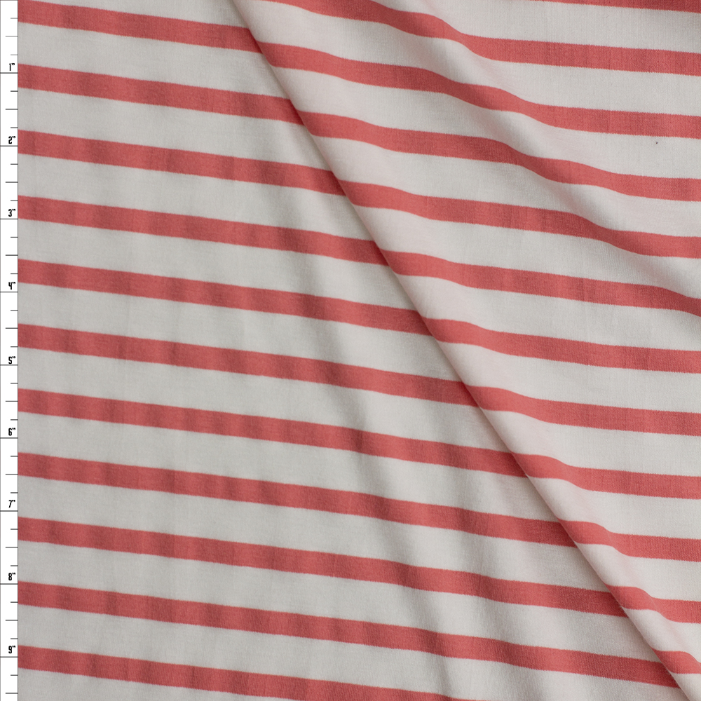 Candy Pink and Offwhite Pencil Stripe Stretch Modal Jersey Fabric By The Yard