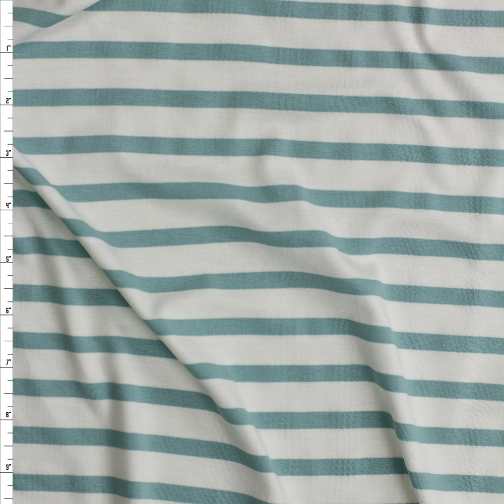 Seafoam and Offwhite Pencil Stripe Stretch Modal Jersey Fabric By The Yard