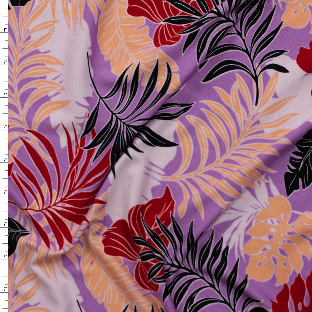 Red, Black, and Peach Palms on Lilac Double Brushed Poly/Spandex Fabric By The Yard