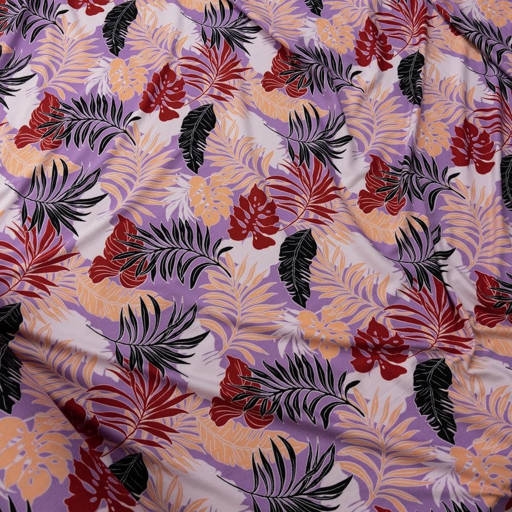 Red, Black, and Peach Palms on Lilac Double Brushed Poly/Spandex Fabric By The Yard - Wide shot