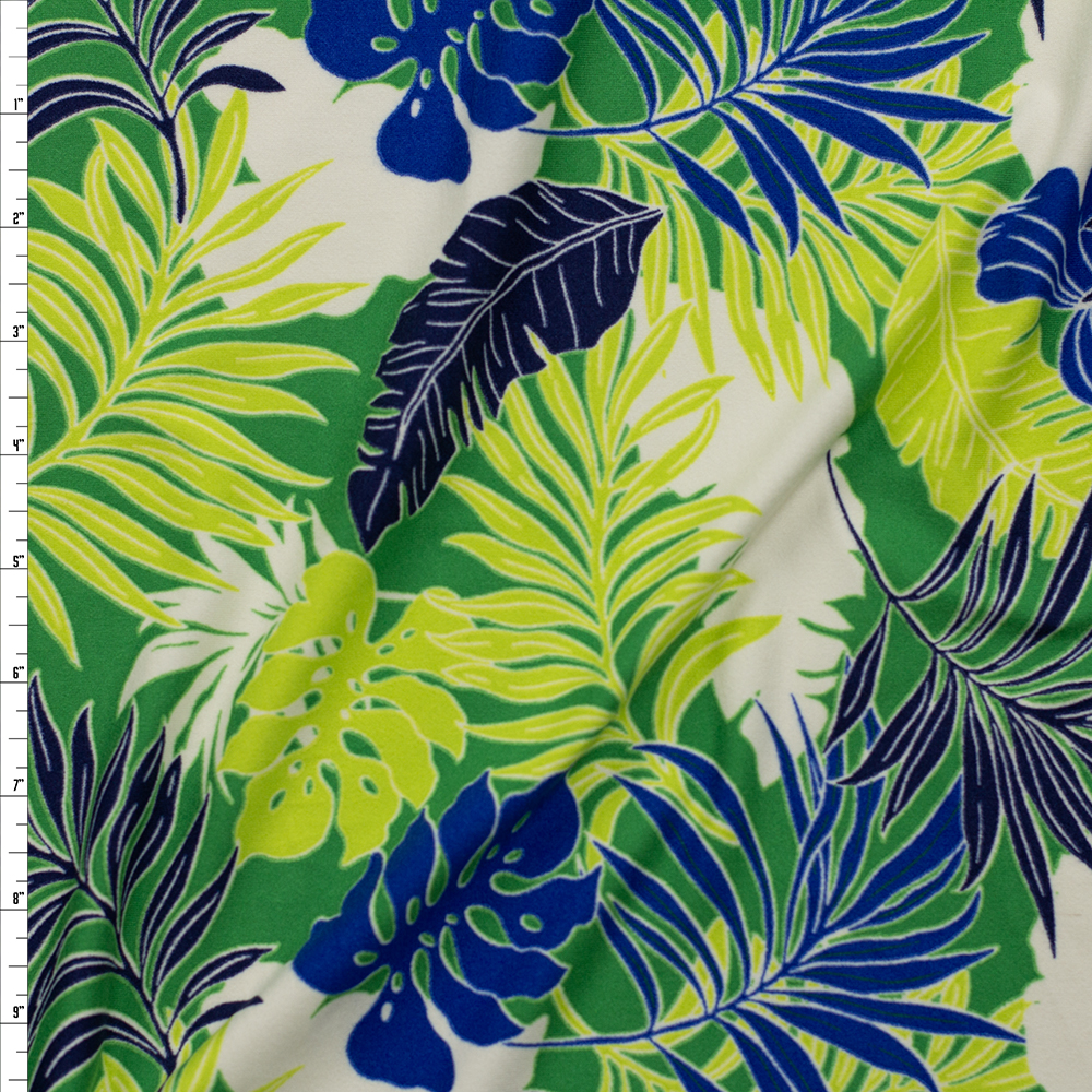 Blue, Lime, and White Palms on Bright Green Double Brushed Poly/Spandex Fabric By The Yard