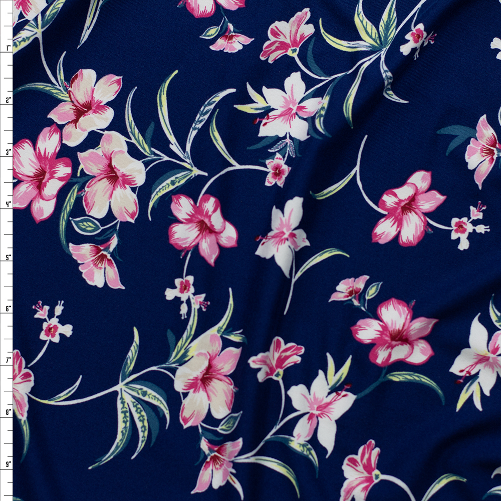 Pink Floral on Navy #26015 Double Brushed Poly/Spandex Fabric By The Yard