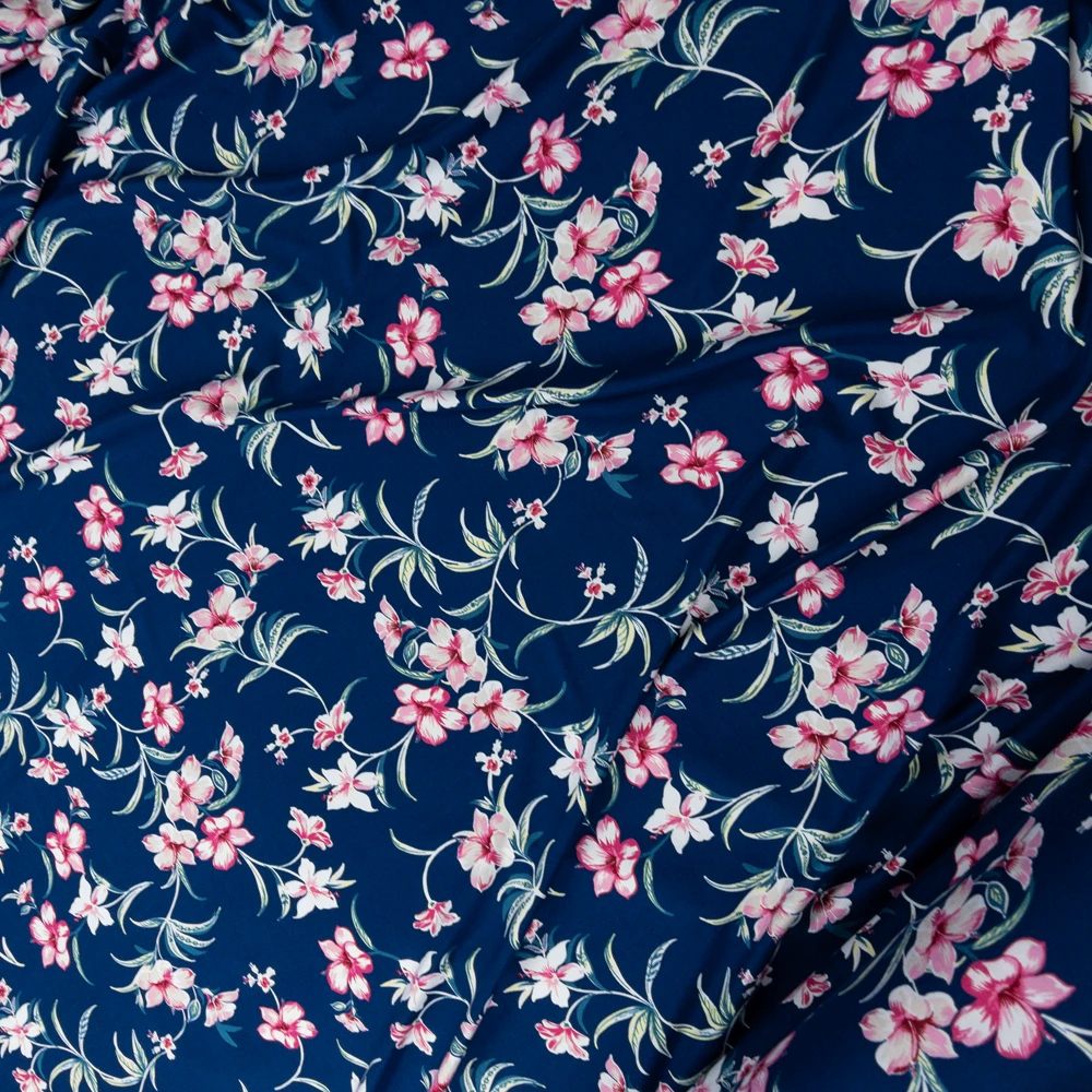 Pink Floral on Navy #26015 Double Brushed Poly/Spandex Fabric By The Yard - Wide shot