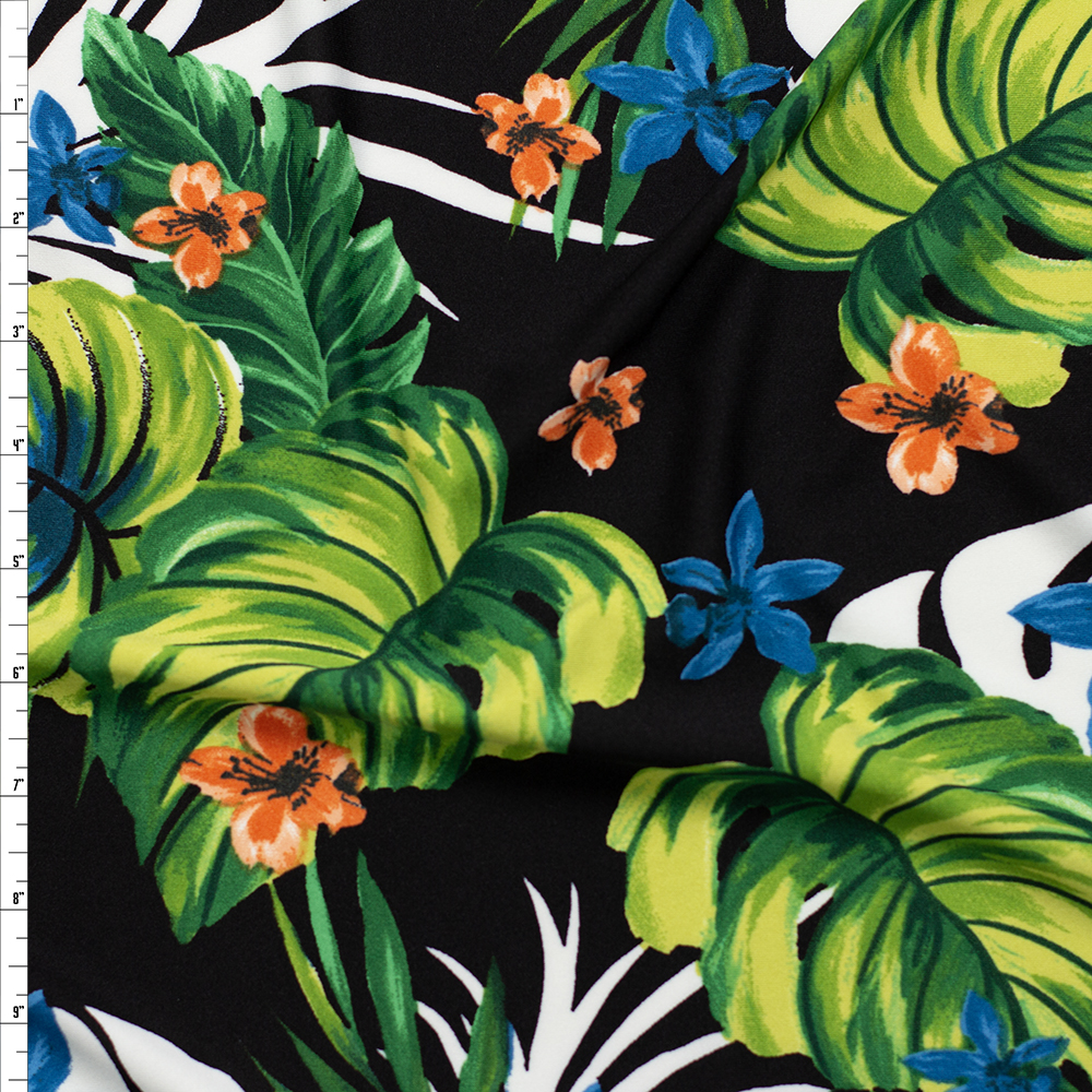 Green, Orange, Teal, and White Tropical Floral on Black Poly/Spandex Knit Fabric By The Yard