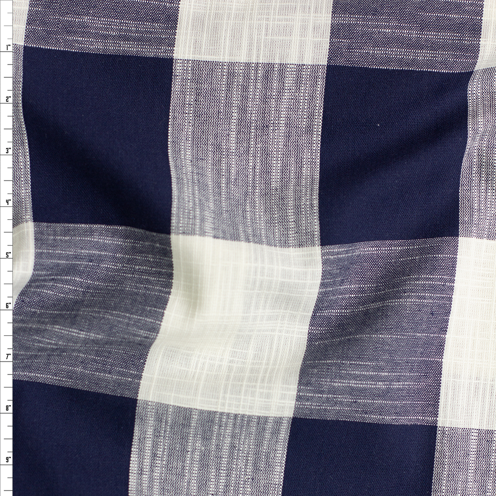 Navy and Offwhite Large Plaid Slubbed Rayon/Linen Fabric By The Yard