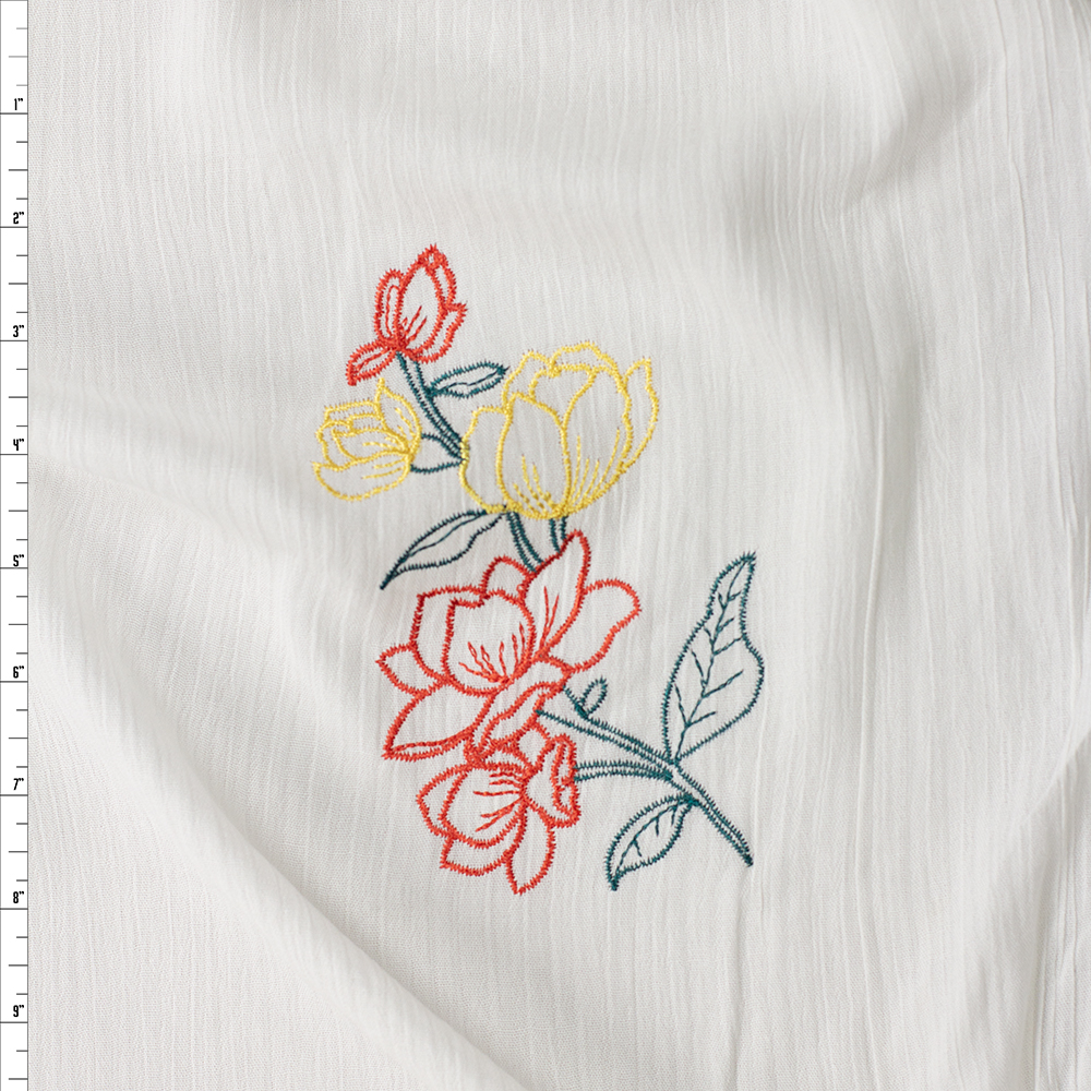 Red, Yellow, and Green Embroidered Roses on Offwhite Rayon Gauze Fabric By The Yard