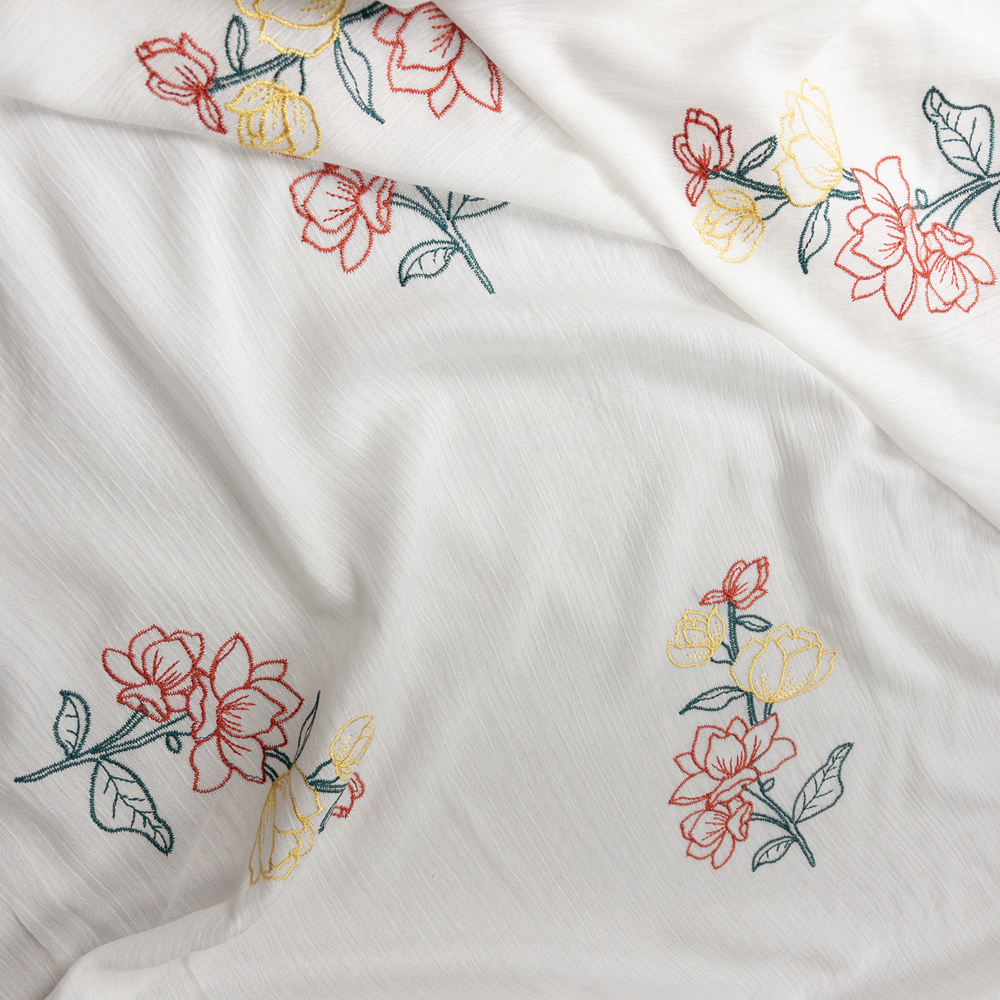 Red, Yellow, and Green Embroidered Roses on Offwhite Rayon Gauze Fabric By The Yard - Wide shot