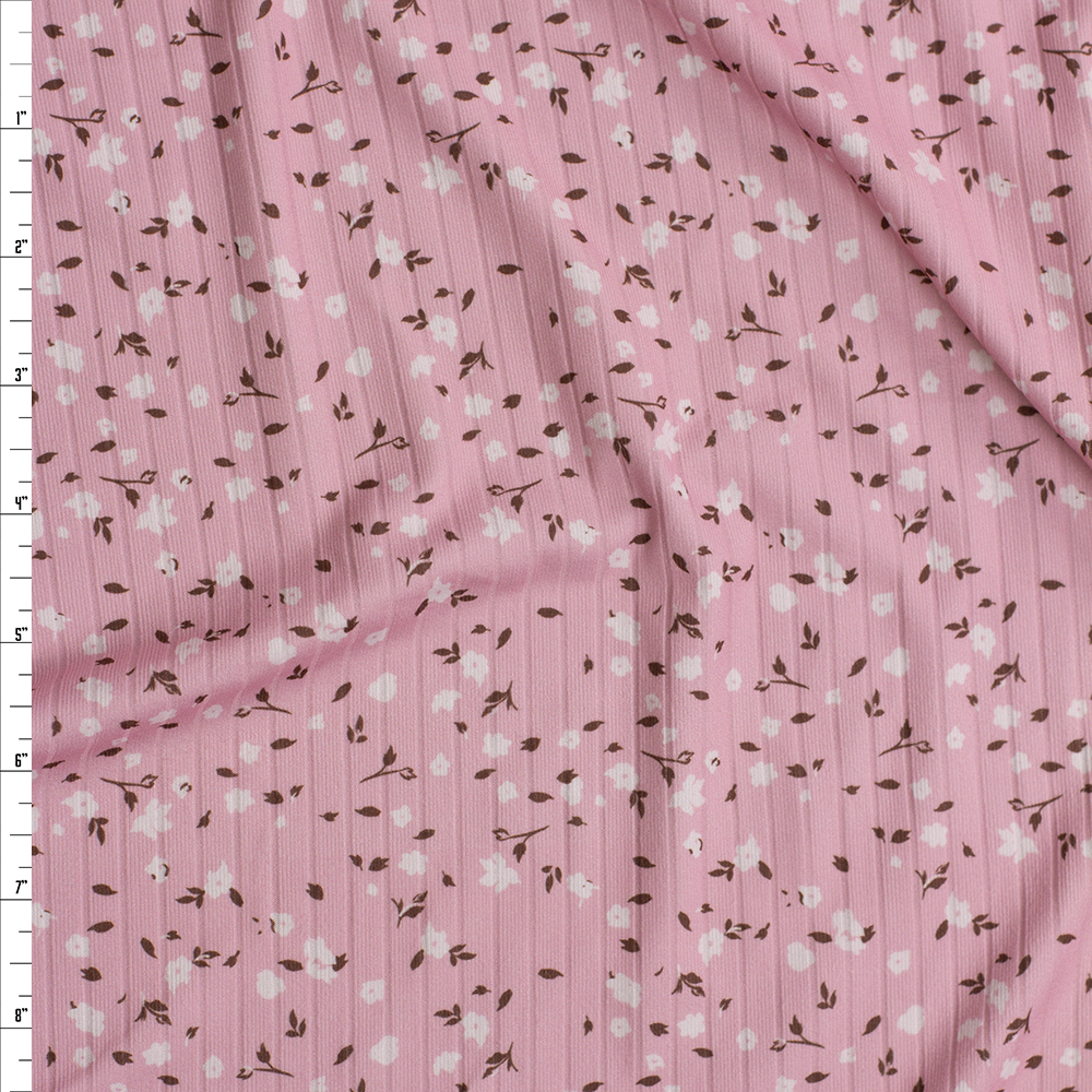 White and Brown Floral on Pink Double Brushed Poly Rib Fabric By The Yard