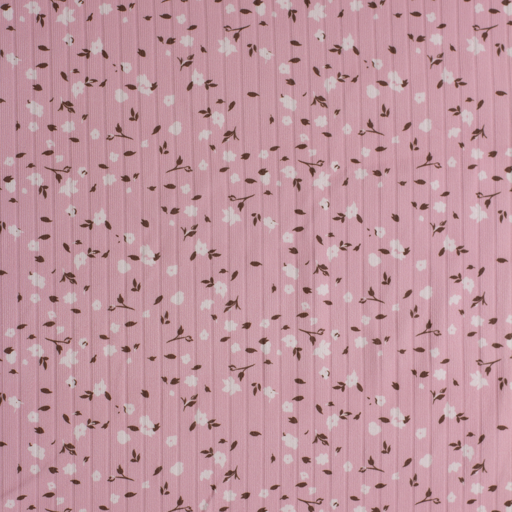 White and Brown Floral on Pink Double Brushed Poly Rib Fabric By The Yard - Wide shot