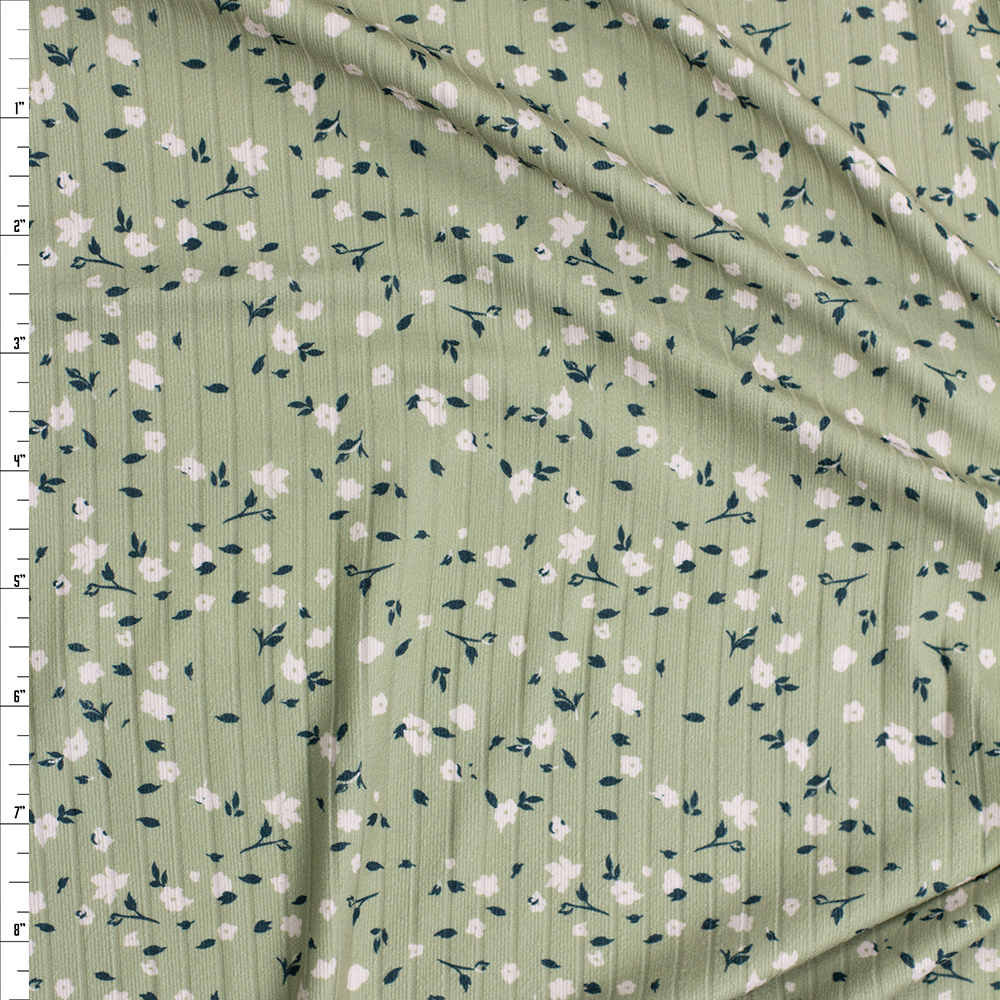 White and Hunter Floral on Sage Double Brushed Poly Rib Fabric By The Yard
