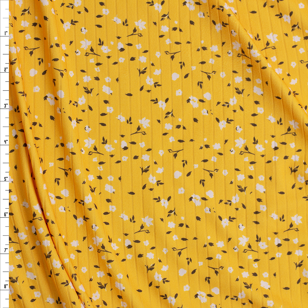 White and Charcoal Floral on Yellow Double Brushed Poly Rib Fabric By The Yard