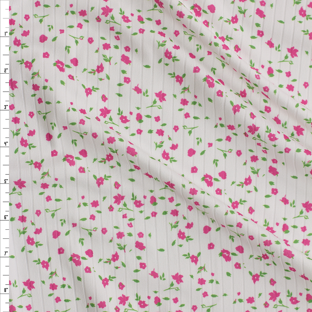 Pink and Green Floral on White Double Brushed Poly Rib Fabric By The Yard