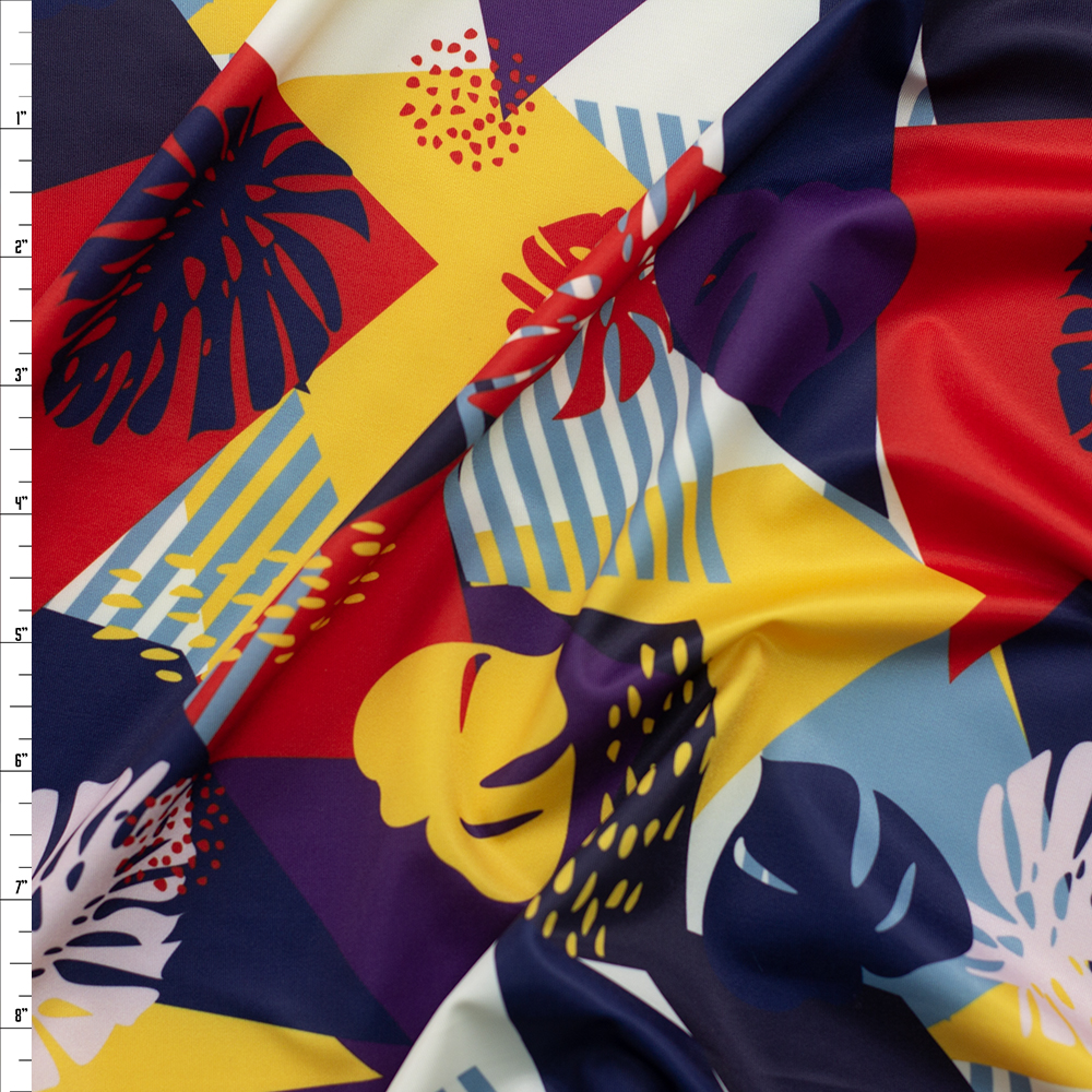 Red, Blue, and Yellow Palms Geometric Spandex Swim Knit Fabric By The Yard