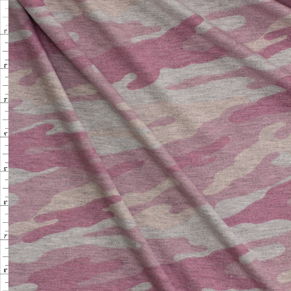 Pink and Heather Grey Camouflage French Terry Fabric By The Yard