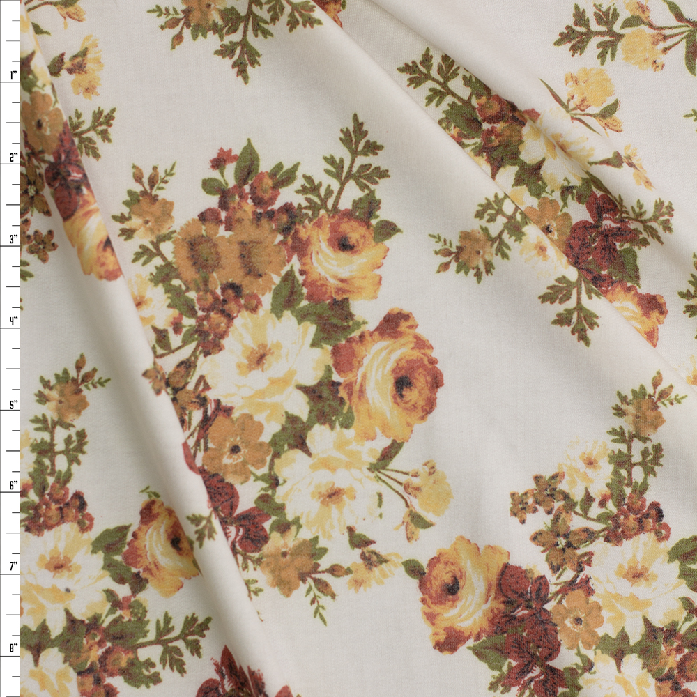 Peach, Sage, and Mauve Floral Clusters on Offwhite French Terry Fabric By The Yard