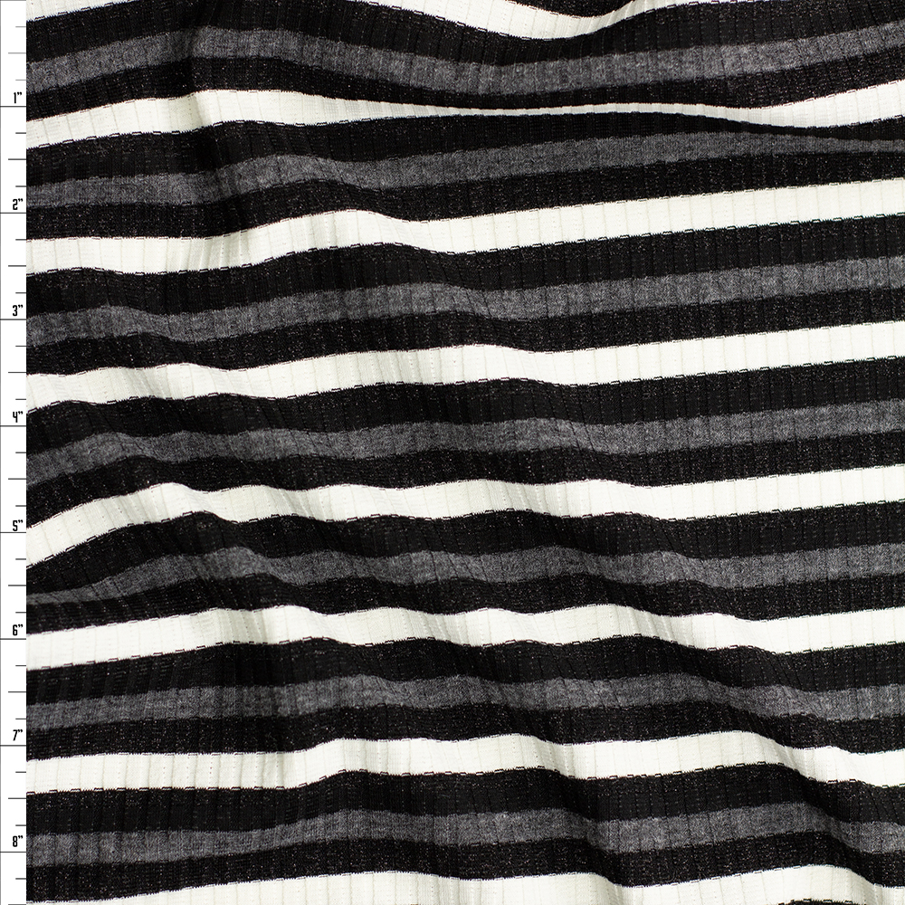 Black Shimmer, White and Grey Horizontal Stripe Midweight Ribbed Sweater Knit Fabric By The Yard