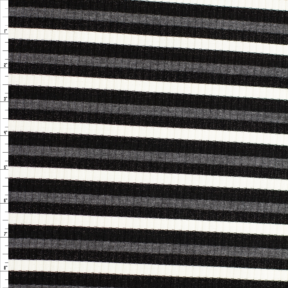 Black Shimmer, White and Grey Horizontal Stripe Midweight Ribbed Sweater Knit Fabric By The Yard - Wide shot