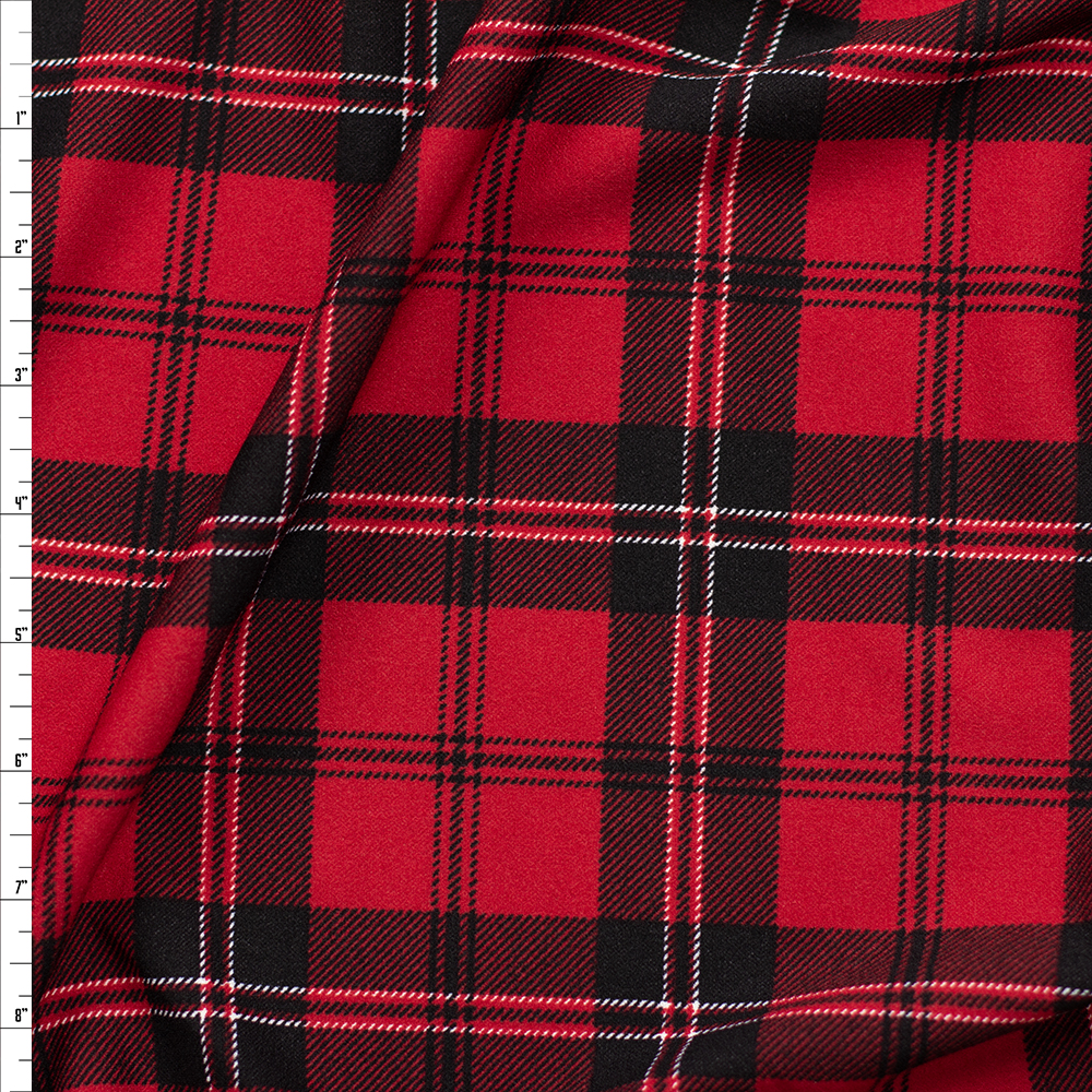 Deep Red and Black Plaid Crepe Knit Fabric By The Yard