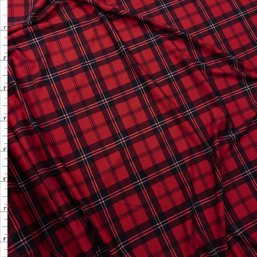Deep Red and Black Plaid Crepe Knit Fabric By The Yard - Wide shot
