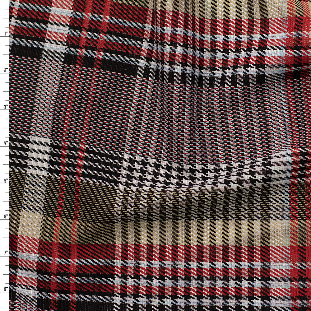 Tan, Red, Black, and Grey Plaid Textured Double Knit Fabric By The Yard