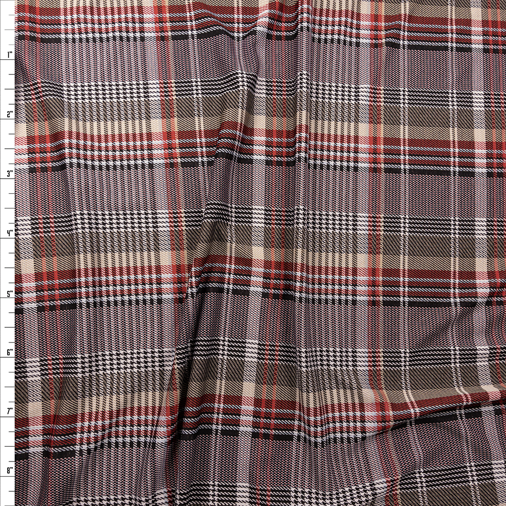 Tan, Red, Black, and Grey Plaid Textured Double Knit Fabric By The Yard - Wide shot