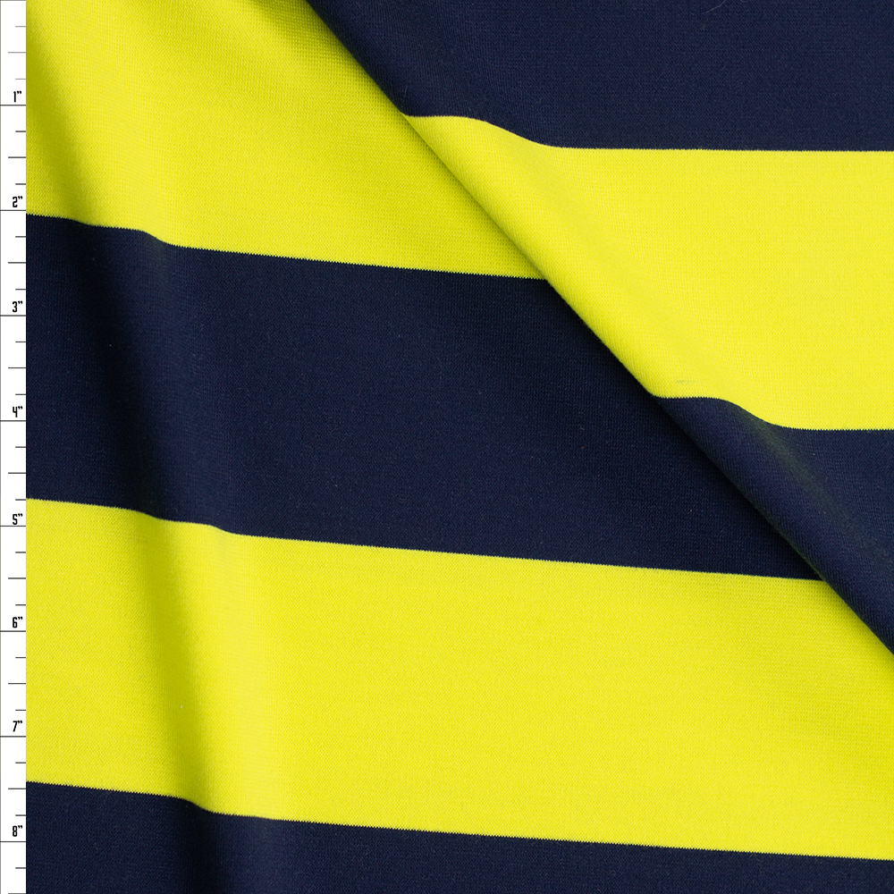 Yellow and Navy Wide Horizontal Stripe Ponte De Roma Fabric By The Yard