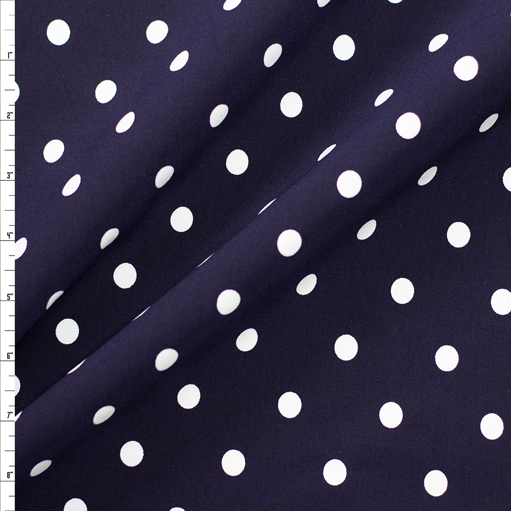 White on Navy Polka Dots Designer Viscose Nylon Stretch Twill Fabric By The Yard