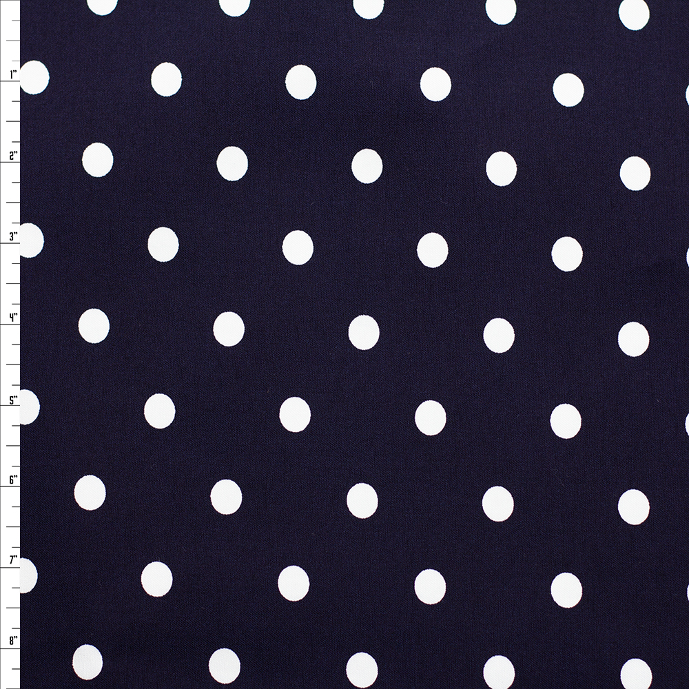 White on Navy Polka Dots Designer Viscose Nylon Stretch Twill Fabric By The Yard - Wide shot