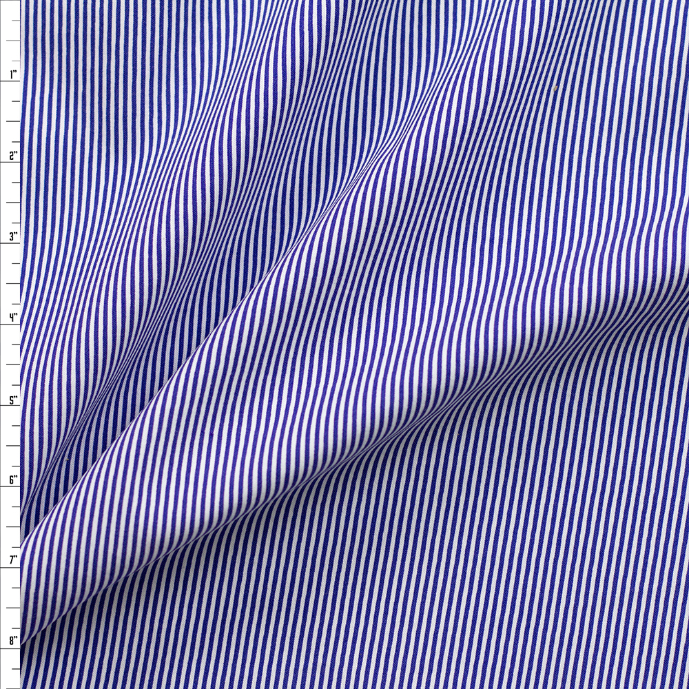 Royal Blue and White Horizontal Mini Stripe Designer Viscose Nylon Stretch Twill Fabric By The Yard