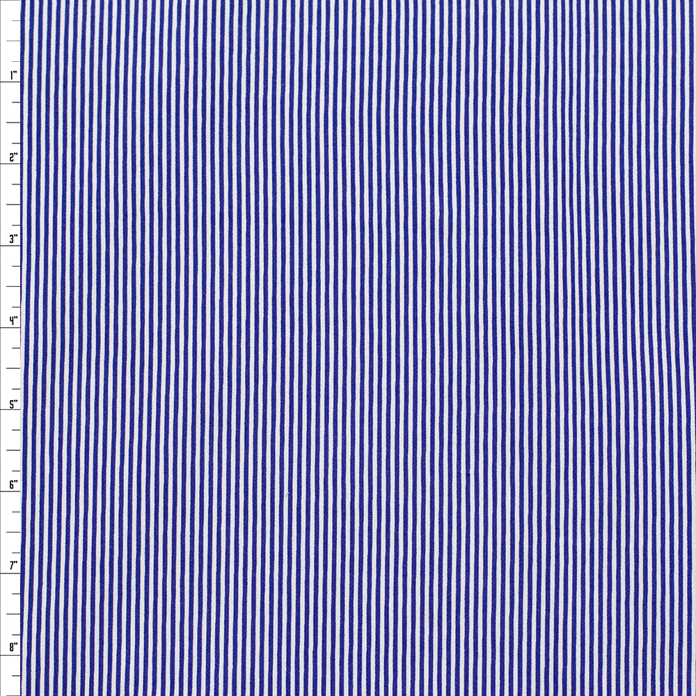 Royal Blue and White Horizontal Mini Stripe Designer Viscose Nylon Stretch Twill Fabric By The Yard - Wide shot