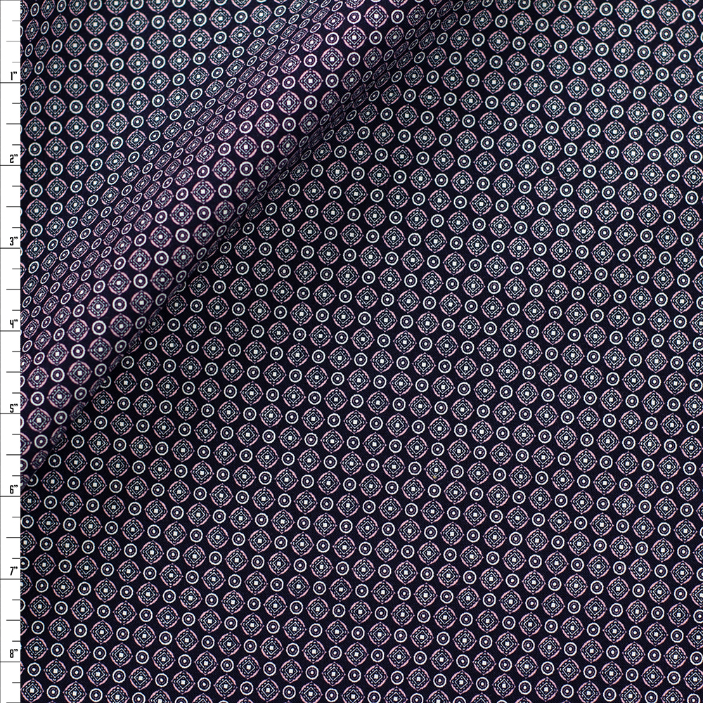 Pink and White Mini Medallions on Black Designer Viscose Nylon Stretch Twill Fabric By The Yard