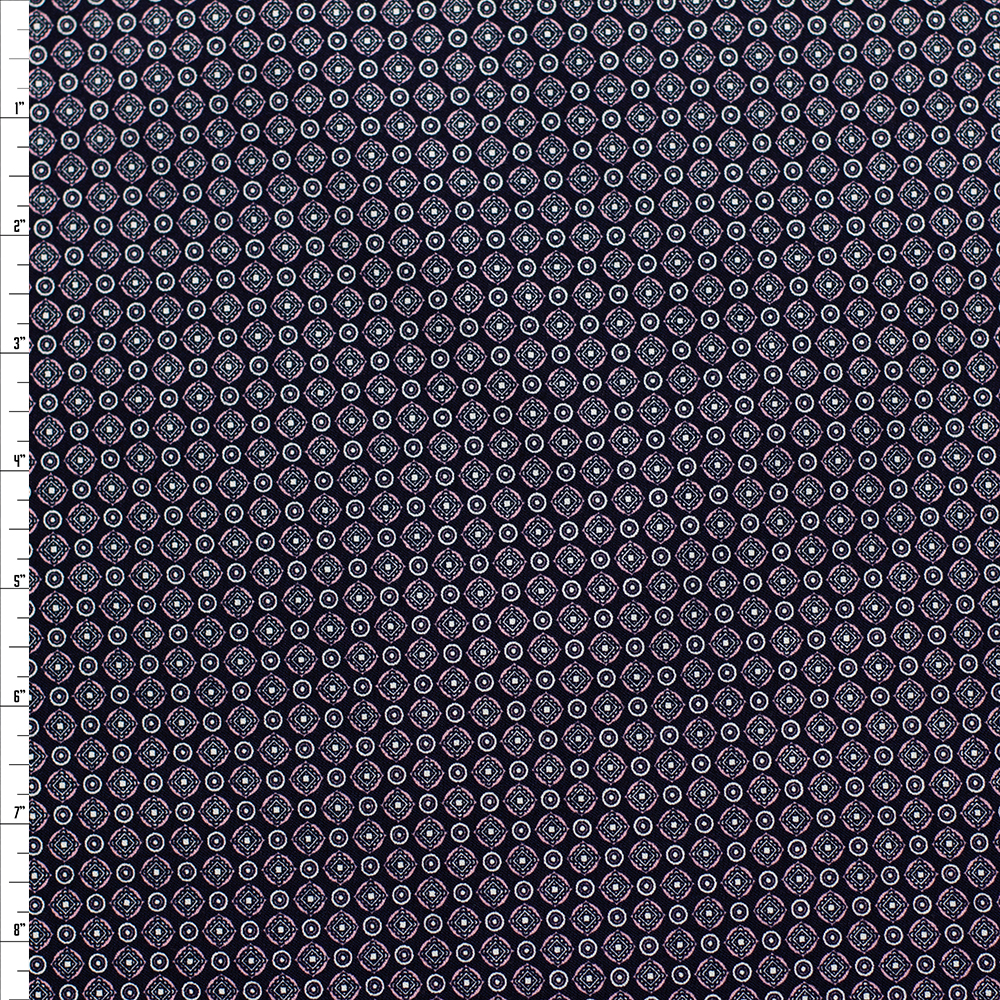 Pink and White Mini Medallions on Black Designer Viscose Nylon Stretch Twill Fabric By The Yard - Wide shot