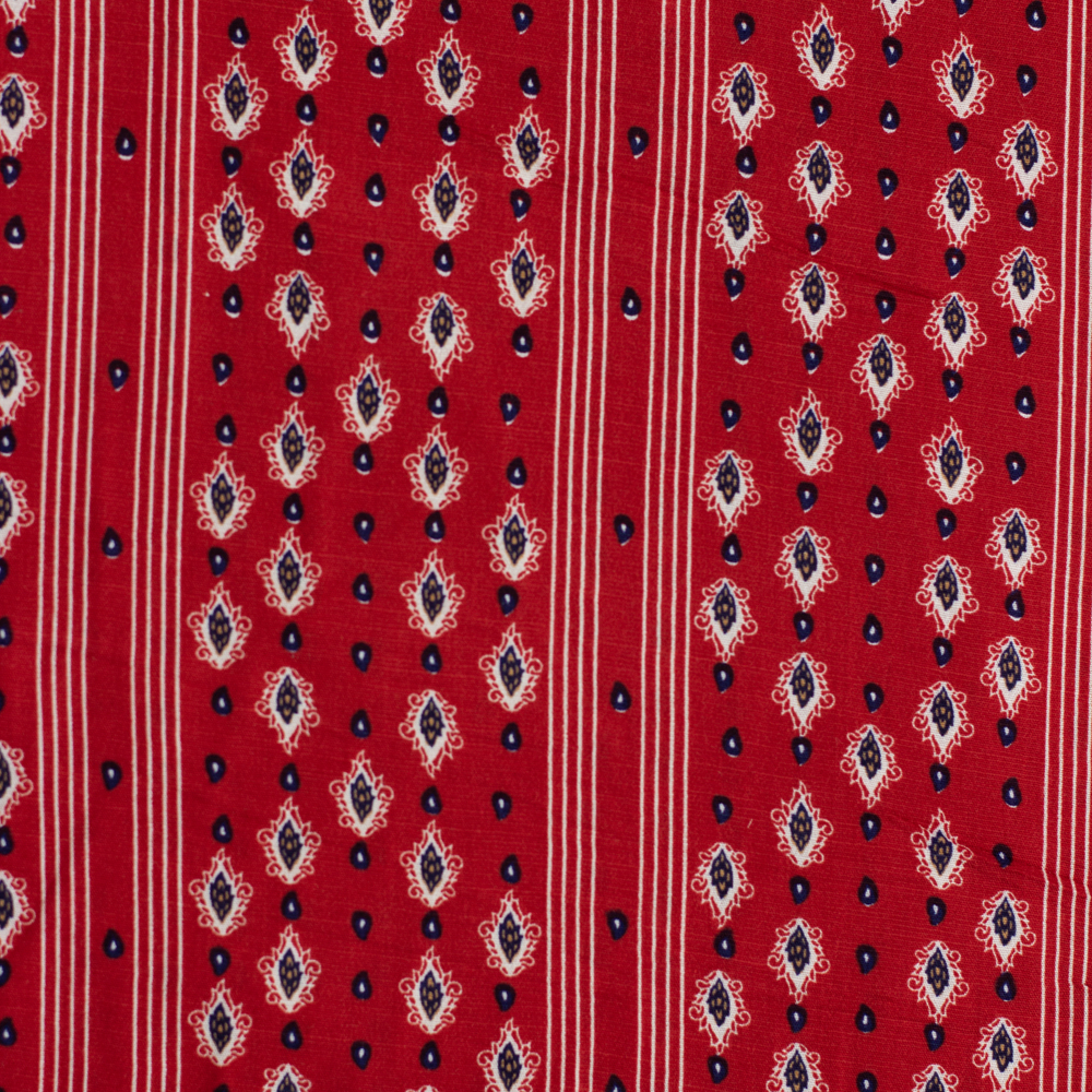 Red, Navy, and White Vertical Paisley Stripe Cotton/Linen Print Fabric By The Yard - Wide shot