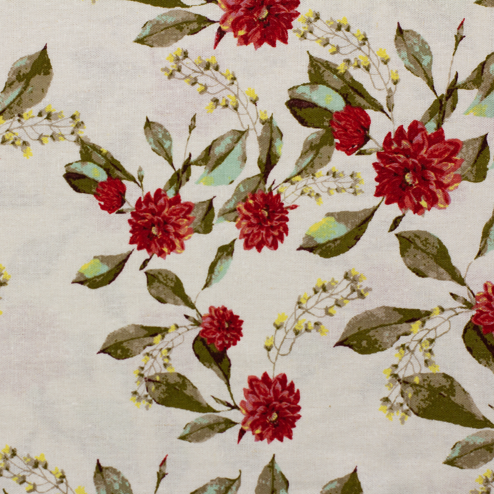 Red, Sage, and Yellow Mum Floral on Offwhite Cotton/Linen Print Fabric By The Yard - Wide shot