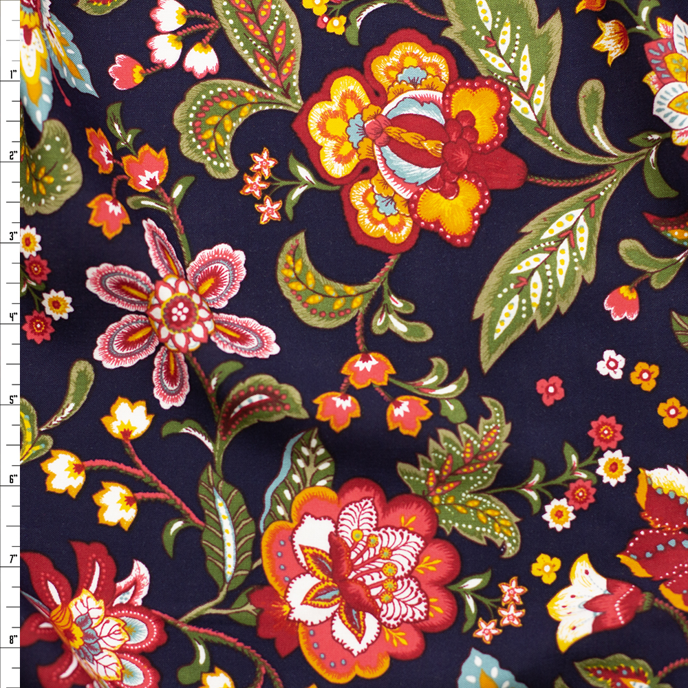 Vibrant Ornate Floral on Navy Rayon Challis Fabric By The Yard
