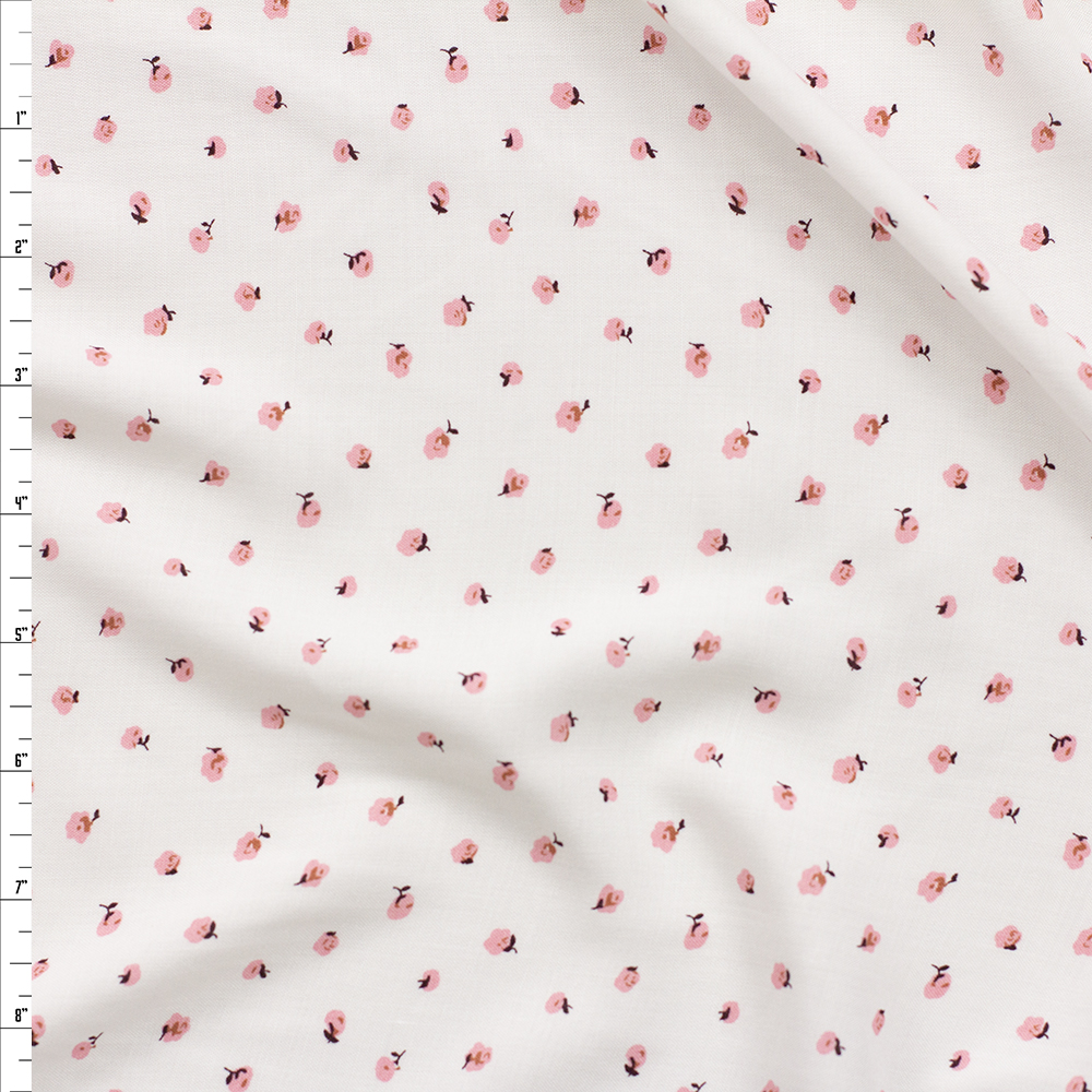 Pink Mini Floral on Offwhite Rayon Challis Fabric By The Yard