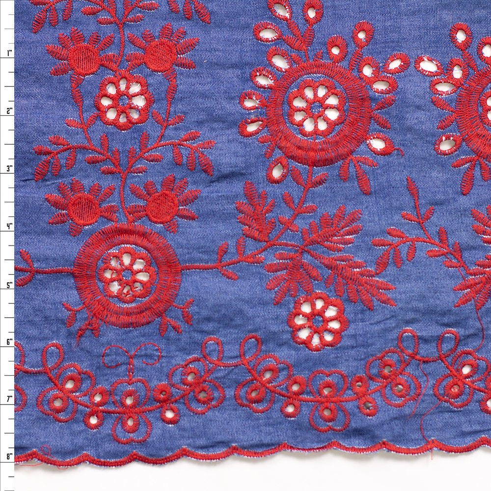Red Floral Double Border on Light Blue Embroidered Border Lightweight Denim Fabric By The Yard