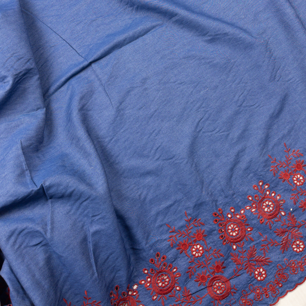 Red Floral Double Border on Light Blue Embroidered Border Lightweight Denim Fabric By The Yard - Wide shot