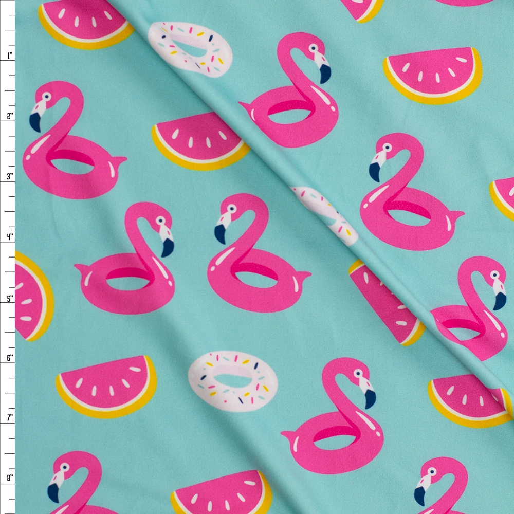 Flamingo, Citrus, and Donut Floats on Bright Aqua Double Brushed Poly Fabric By The Yard