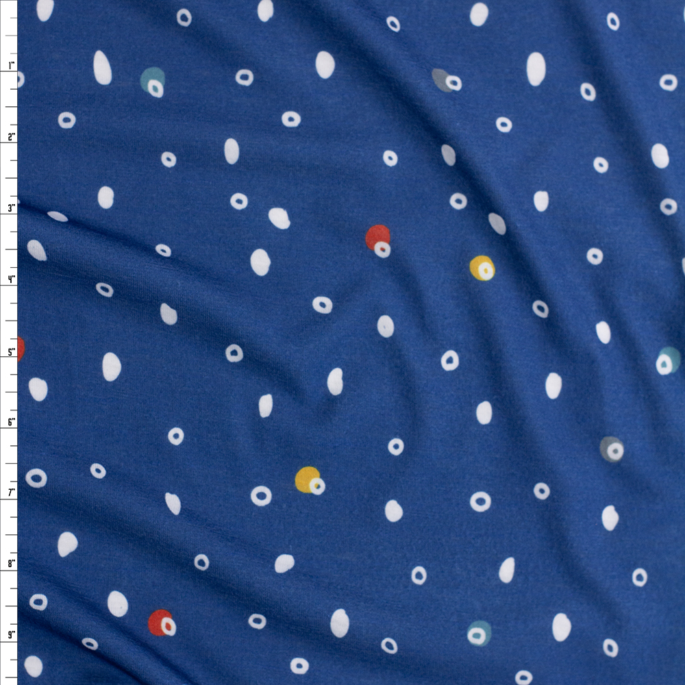 White, Red, and Sage Dots on Denim Blue Spun Polyester Jersey Fabric By The Yard
